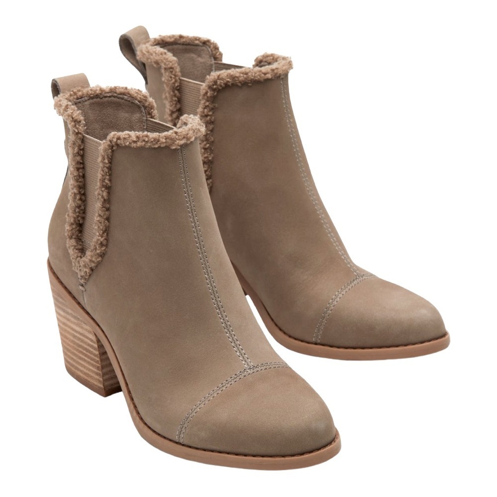 TOMS Everly Taupe Grey Leather Faux Shearling Booties 9.5 NWT